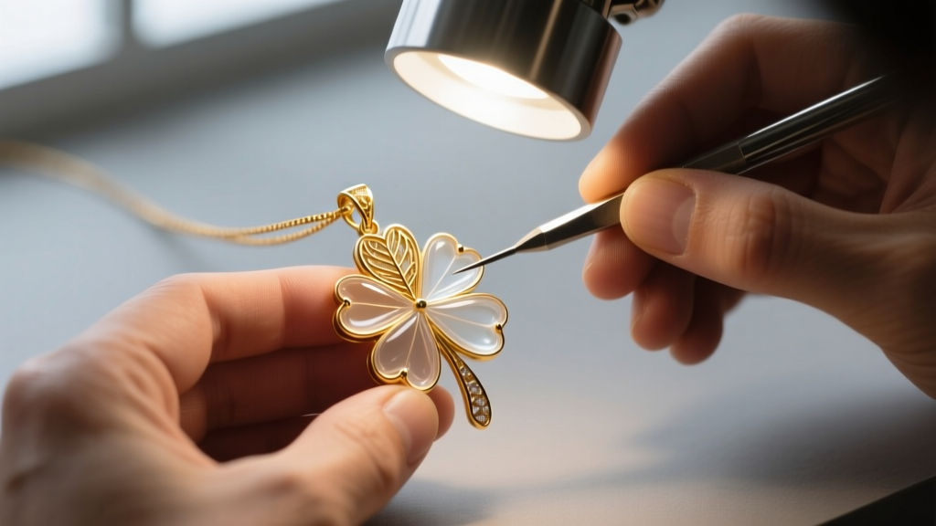 Close-up of a jeweler repairing a four leaf clover pendant bezel with clear resin under a magnifying lamp, showing gold details.