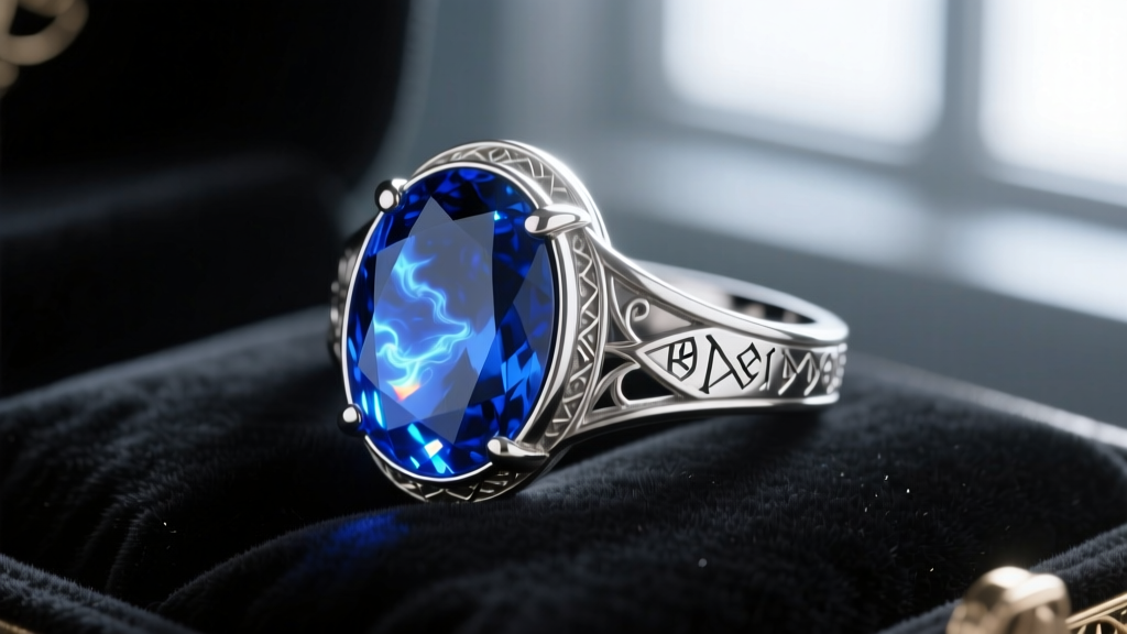 Close-up of a sterling silver oval cabochon blue sapphire ring resting on dark velvet, inspired by classic fantasy RPG aesthetics.