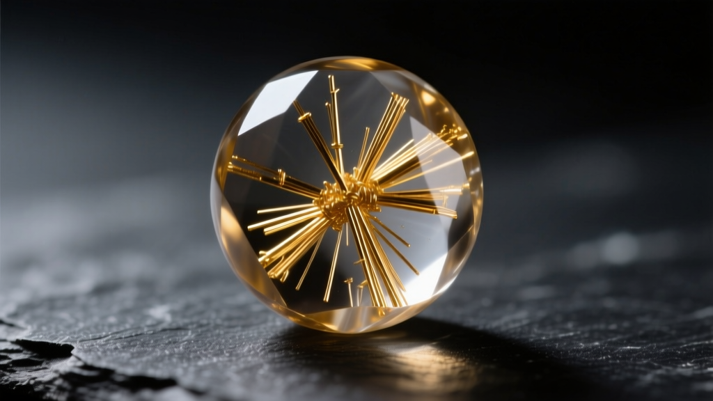 Smoky quartz bead showing golden rutile needle inclusions, photographed against a dark slate background with dramatic side light.