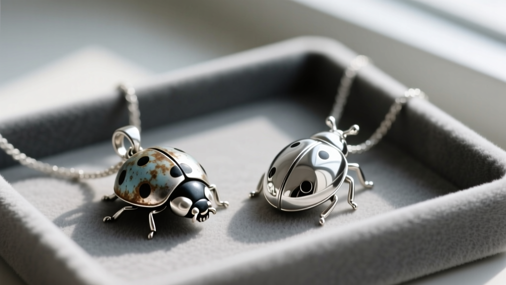 A tarnished 925 silver ladybug pendant beside a bright Argentium silver ladybug pendant on a jeweler's wooden workbench surface