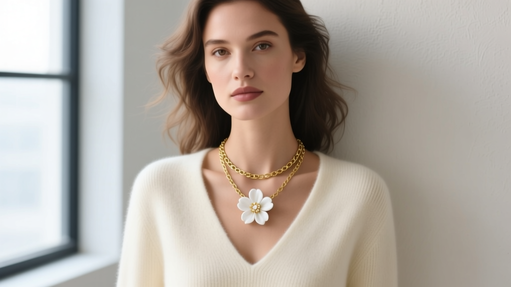 Editorial portrait of a woman layering a white flower necklace and a thin gold chain over a deep V-neck cream cashmere sweater