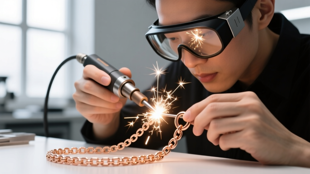 Jeweler using a laser welder to repair a broken clasp on a modern 14k rose gold chain, showing a bright spark and magnified visor.