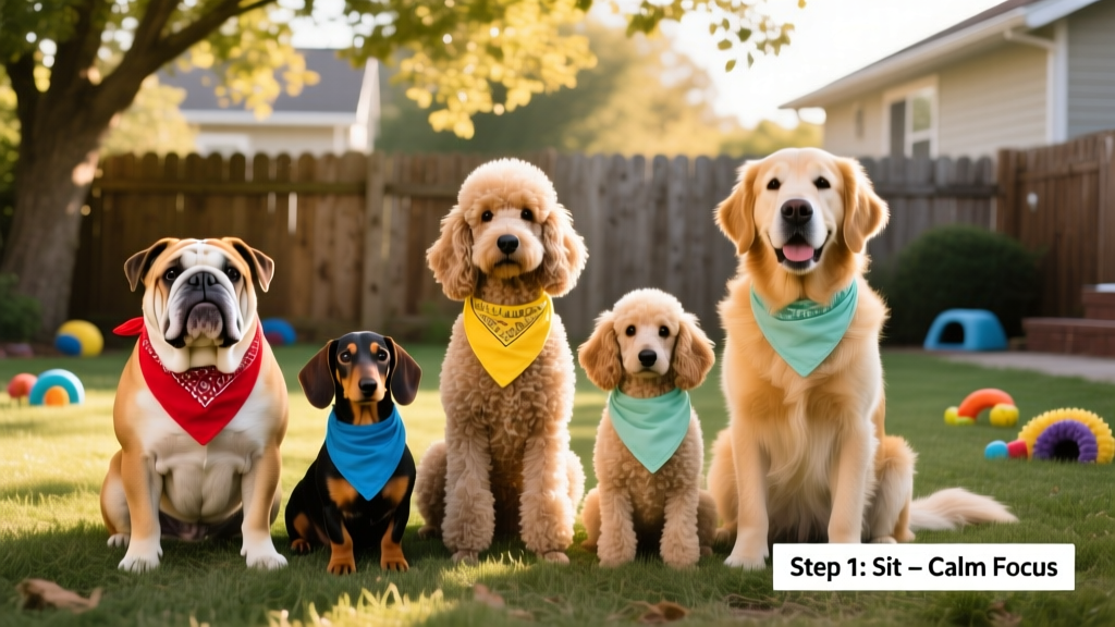 A diverse group of dogs of different breeds and ages sitting calmly side-by-side, each wearing a colorful bandana