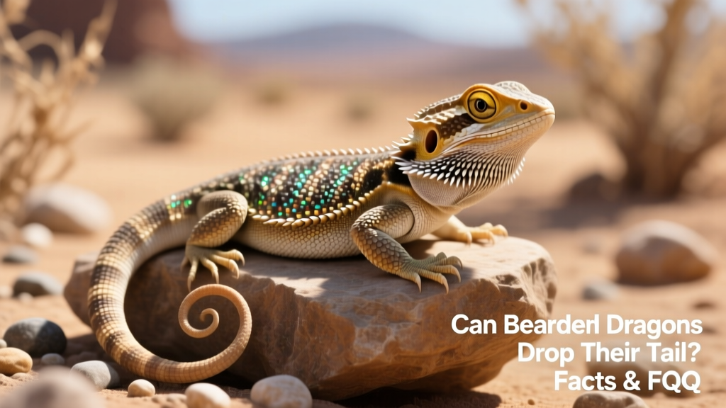 Close-up of a healthy bearded dragon resting on a natural rock perch, tail curled gently behind it