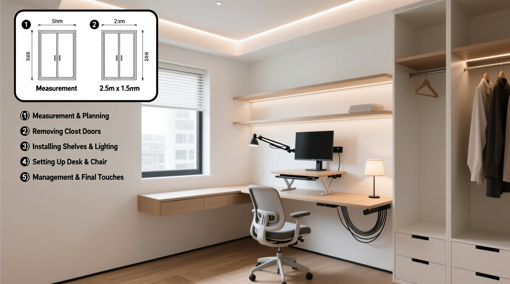 step by step guide to creating a functional home office in a closet