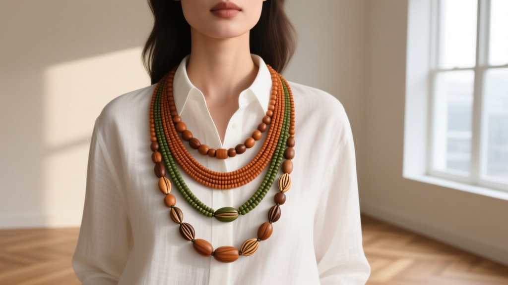 Earth-toned seed bead and wooden beaded wrap necklace layered three times over a crisp white linen button-down shirt on a woman.