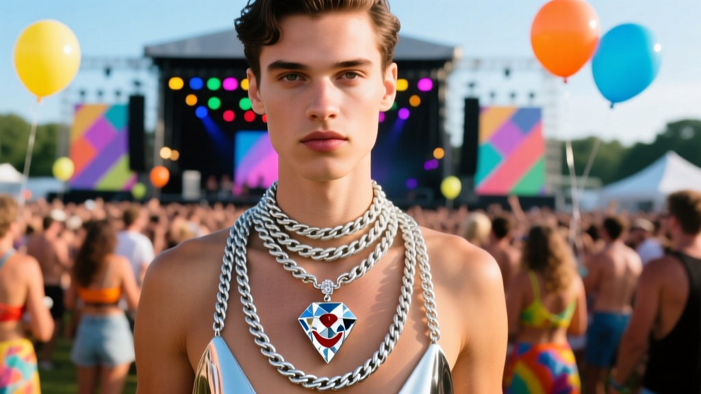 Fan wearing layered silver rope chains and a diamond-cut clown pendant while standing at a vibrant outdoor summer music festival.