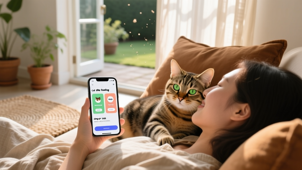 a tabby cat rubbing against a person lying on cushions, holding a phone