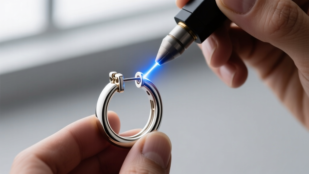 Close-up of a jeweler using a laser welder to repair an 18-gauge hinge mechanism on a white gold continuous hoop earring