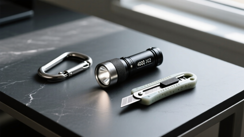 Flat lay of a titanium carabiner, compact 4000-lumen flashlight, and ceramic safety cutter arranged on a dark slate desk surface