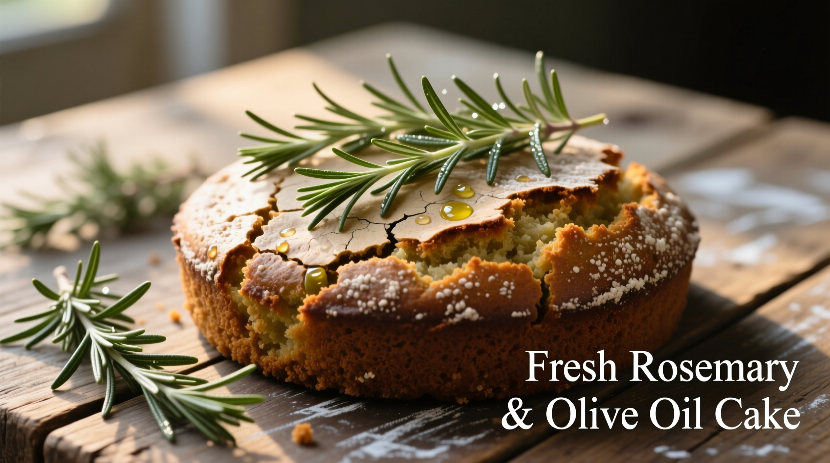 Fresh rosemary sprigs on rustic olive oil cake