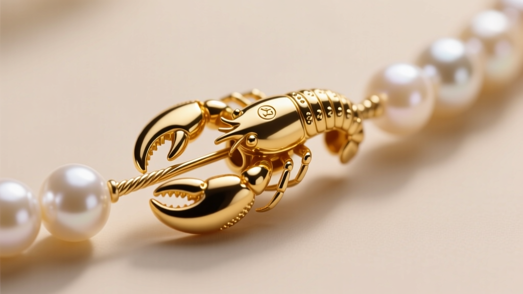 Detailed shot of a 7mm 14k yellow gold lobster claw clasp attached to a delicate 0.012-inch beading wire on a micro pearl strand.