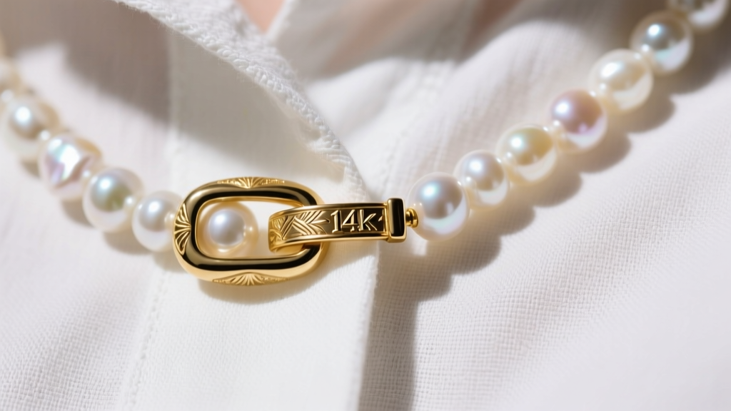 Close-up of 14k gold magnetic clasp on keshi freshwater pearl strands against crisp white linen blouse background texture.