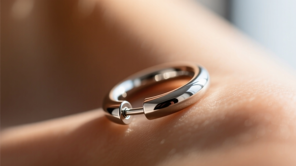 Side profile of a 16-gauge titanium cartilage hoop showing the seamless clicker mechanism and mirror polish against blurred skin