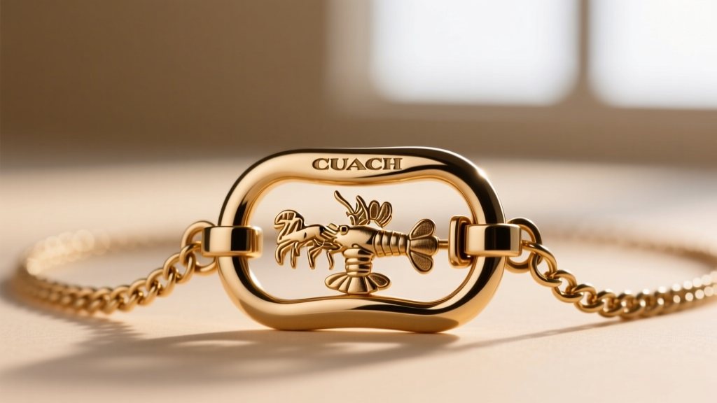 Extreme close-up of a brass lobster clasp on a Coach necklace, revealing a deeply engraved logo and high-quality spring mechanism.