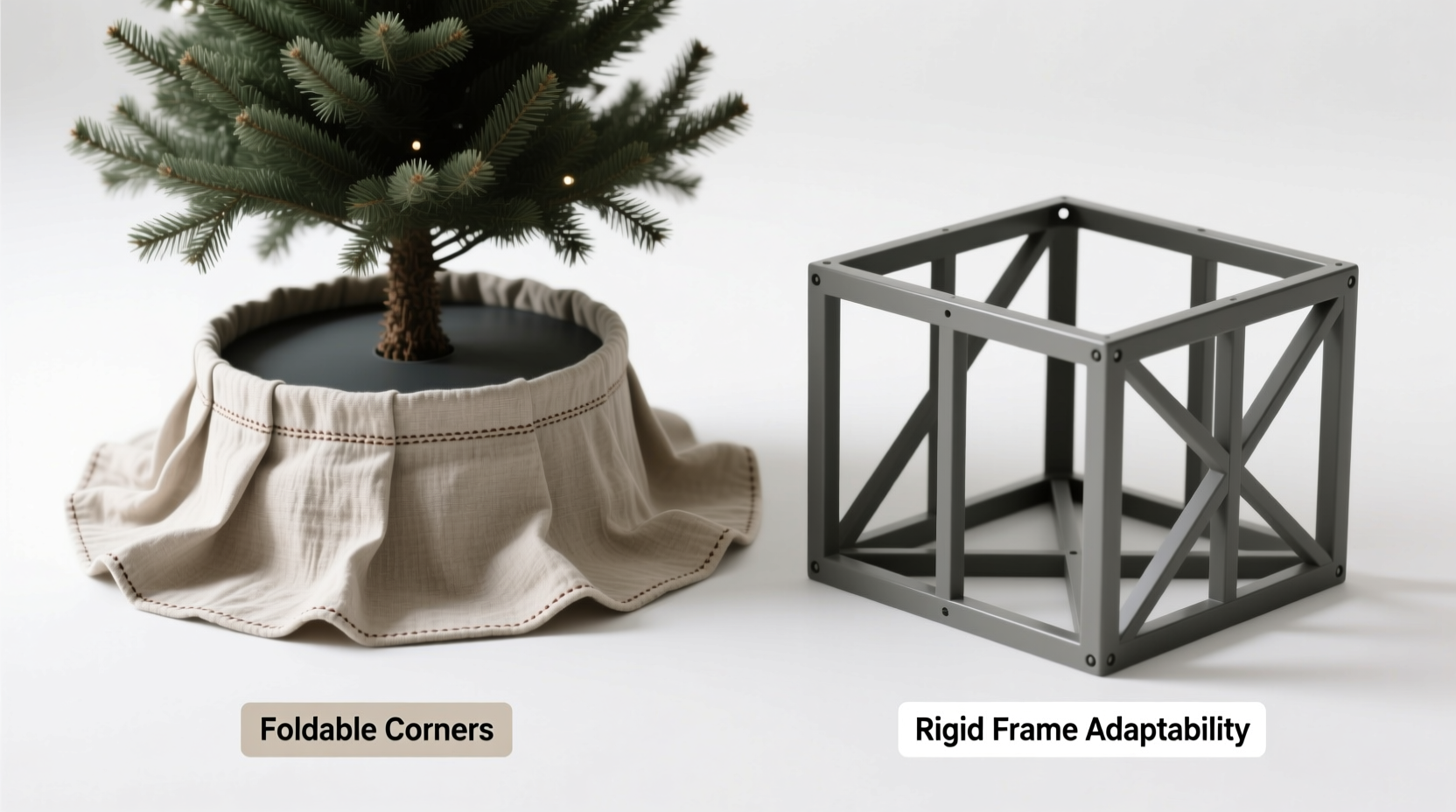 christmas tree skirt with foldable corners vs rigid frames which adapt to round and square bases