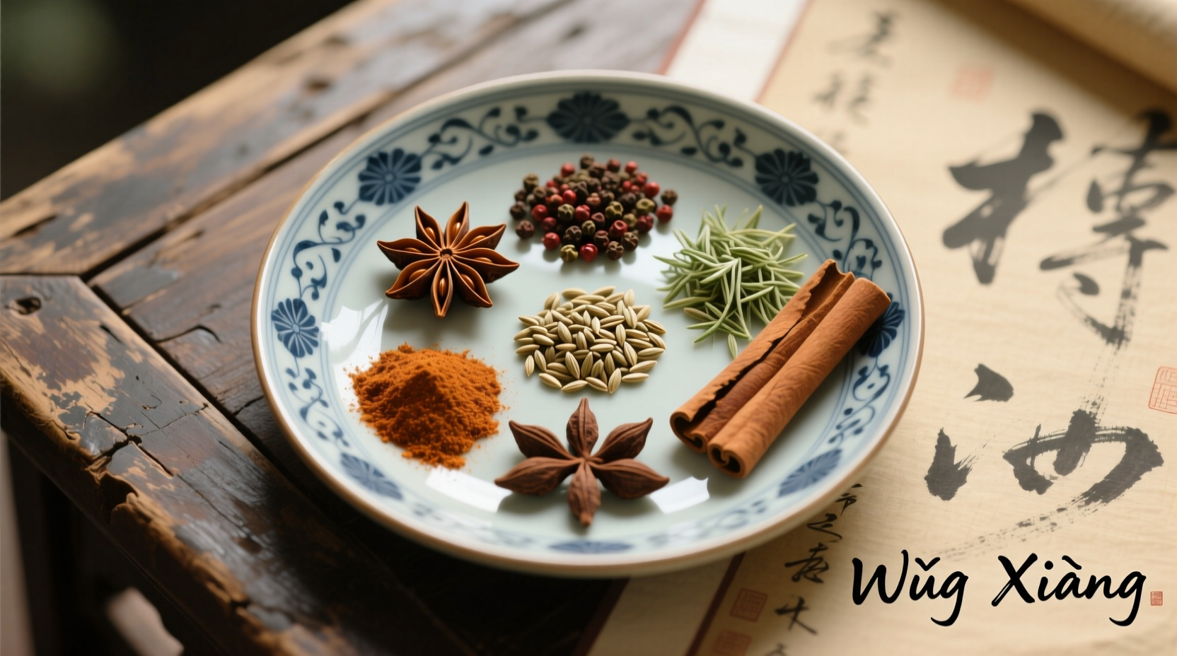 Five-spice powder ingredients arranged in traditional Chinese pattern