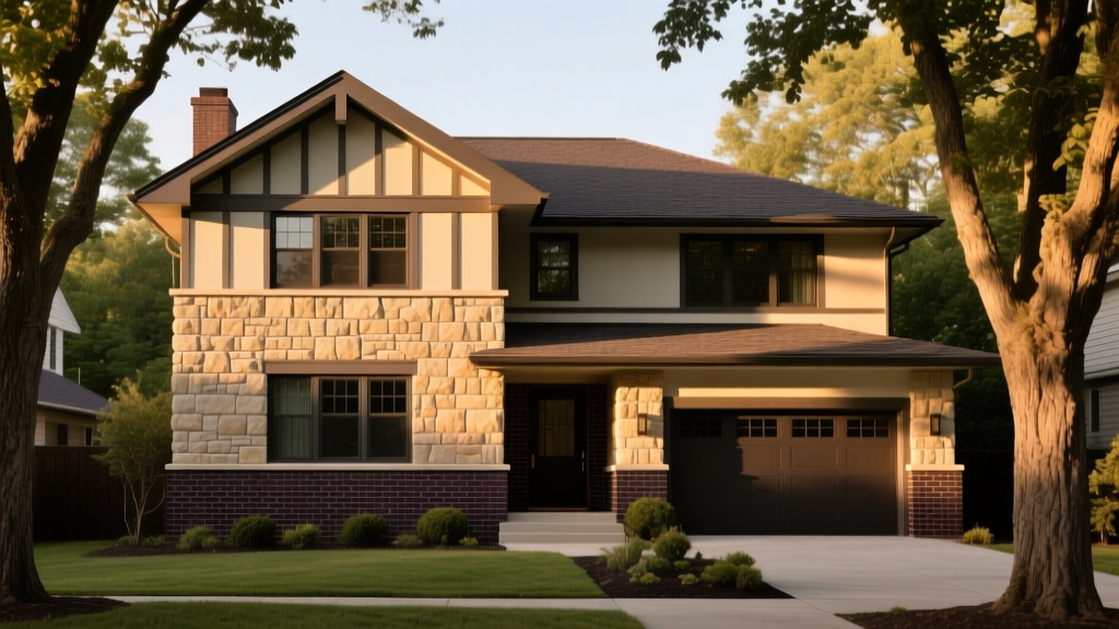 Exterior of a Cleveland Tudor-style home featuring warm limestone manufactured stone veneer wainscoting installed over a dark brick base