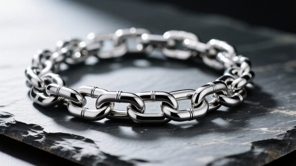 Close-up of a 316L stainless steel Cuban chain on slate, showing precise link soldering and a smooth, modern matte metal finish.