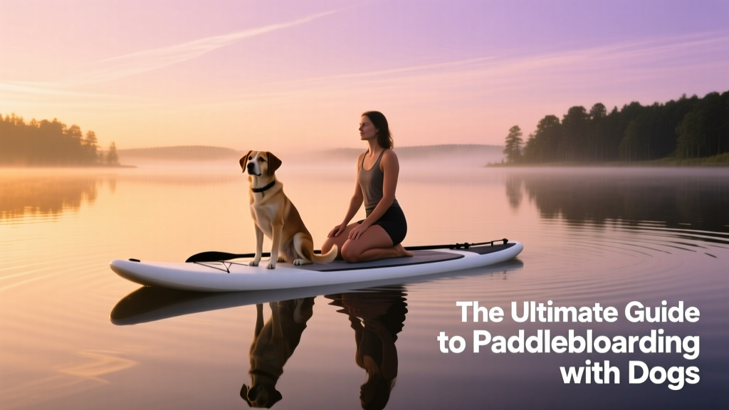 A calm lake at sunrise with a person kneeling on a paddle board while their dog sits calmly beside them
