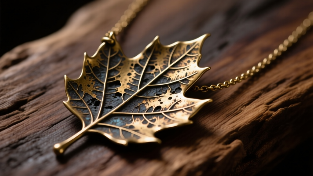 Tarnished brass fall leaf necklace on oak wood, showing dark oxidation trapped inside deeply engraved botanical leaf veins.