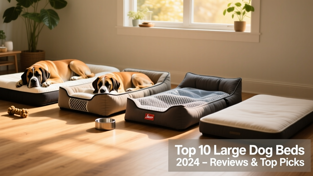 Side-by-side comparison of top large dog beds showing different styles: orthopedic, bolstered, cooling, and flat pad designs