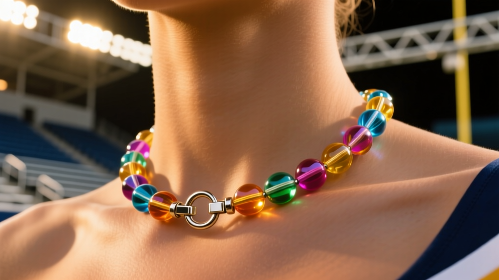 Close-up of a silicone bead cheerleading necklace with a breakaway clasp resting on a collarbone under stadium lights