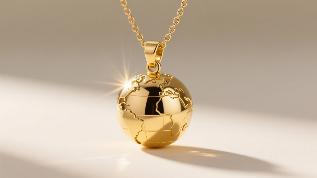 Side view of a 14k yellow gold globe necklace on a 1.5mm box chain, catching warm sunlight to highlight the metal polish