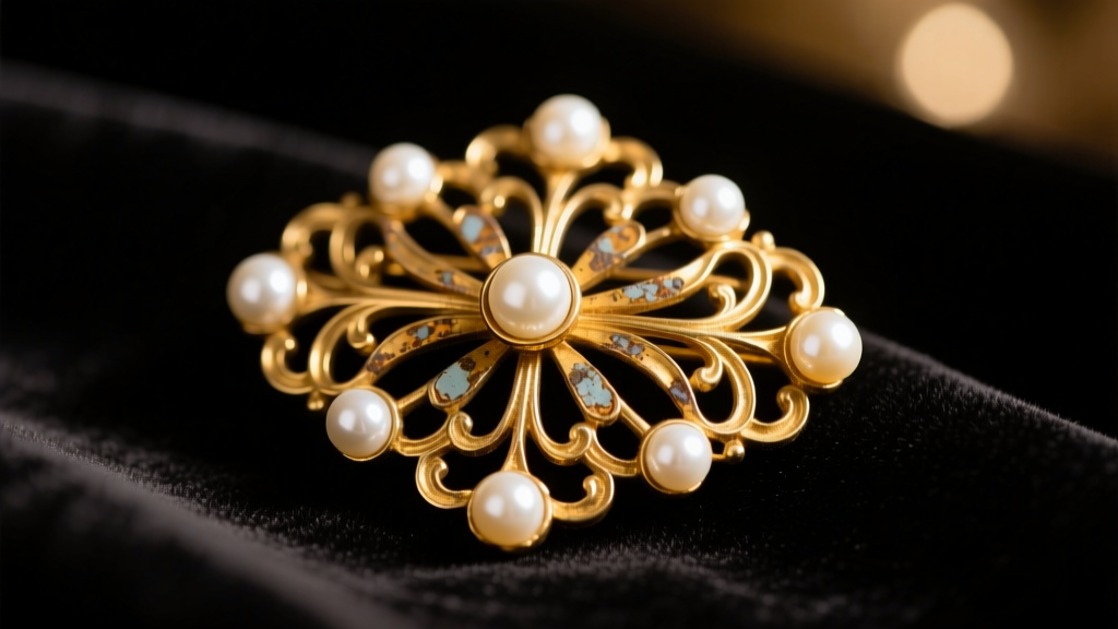 Close-up of a tarnished vintage gold-plated costume brooch with faux pearls on dark velvet cloth under warm studio lighting.