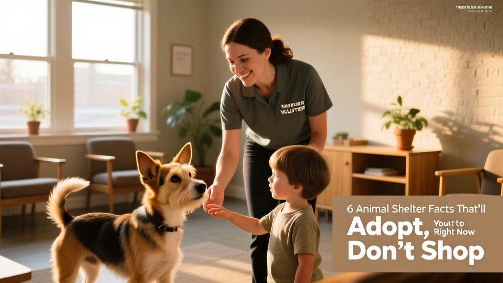 A shelter volunteer gently introducing a curious terrier mix to a child in a cozy, natural-light meeting room