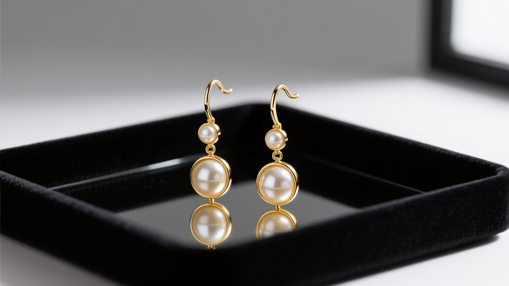 Gold-tone Liz Claiborne drop earrings with faux pearl accents resting on a dark velvet jewelry tray under soft studio light