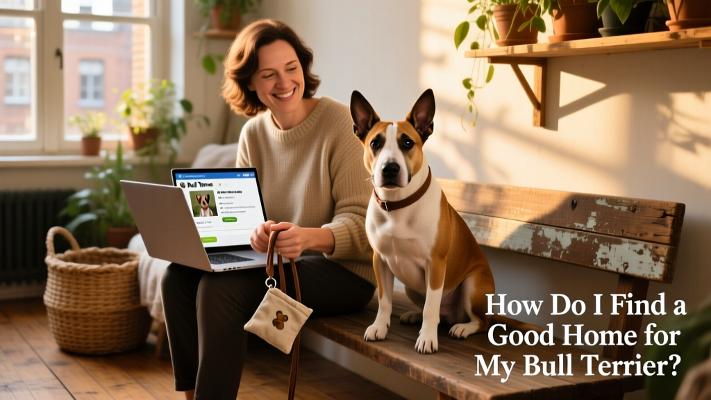 A person reviewing a Bull Terrier's profile on a laptop while holding a leash and treat pouch