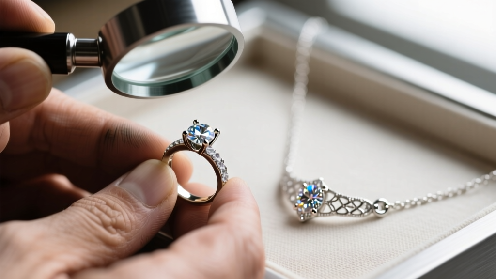 Macro shot of a jeweler inspecting the four-prong setting of a diamond wedding ring and a delicate necklace clasp with a loupe