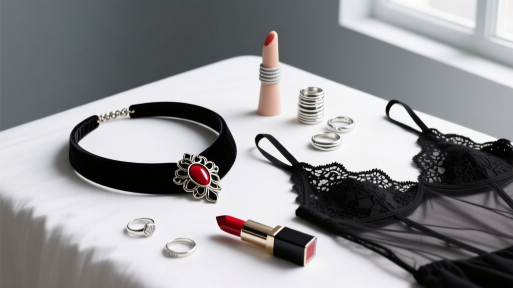 Flat lay of dark coquette styling setup featuring a velvet biting necklace, black lace camisole, dark lipstick, and silver rings