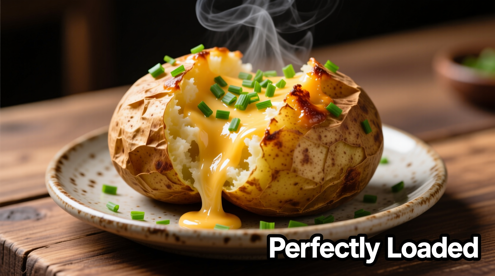 Perfectly loaded baked potato with melted cheese and chives