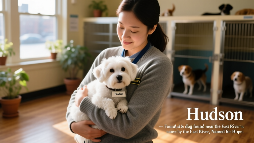 Hudson nestled comfortably in the arms of a shelter staff member, looking calm and trusting
