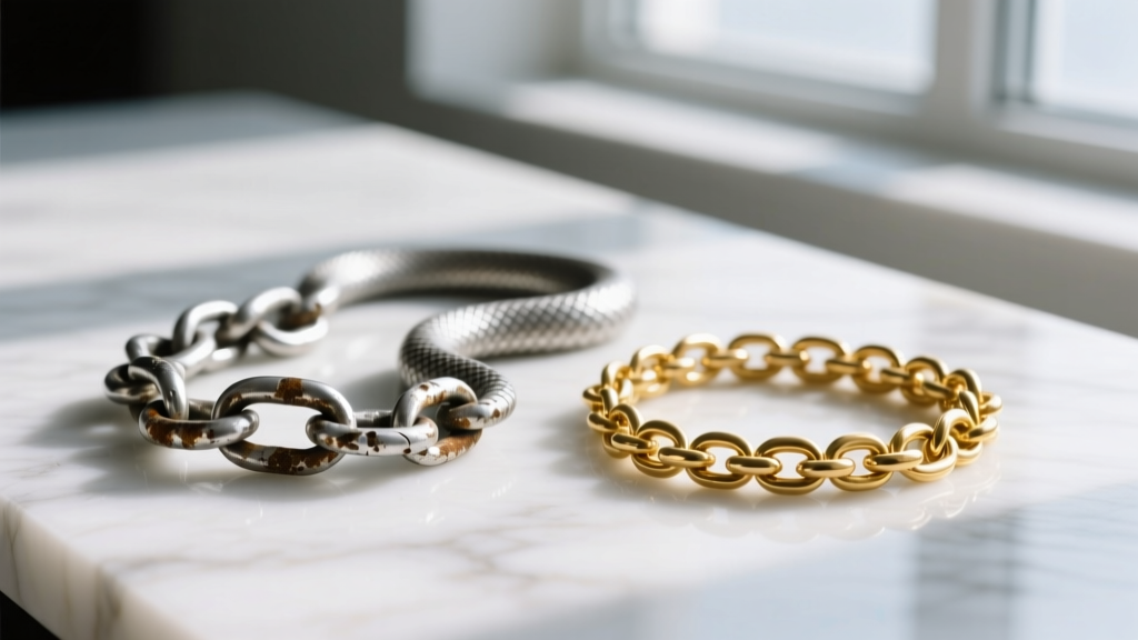 Macro photography comparing a kinked silver snake chain next to a perfectly coiled, flexible gold rolo chain on white marble