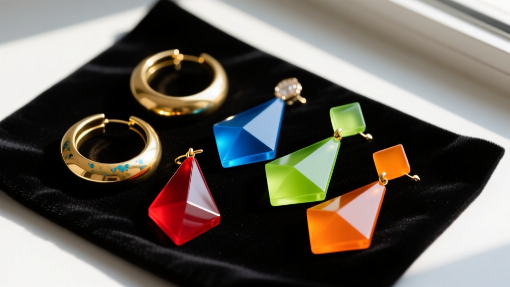 Flat lay of authentic 1990s gold-tone hoop earrings and colorful acrylic dangles resting on a dark velvet jewelry cleaning mat