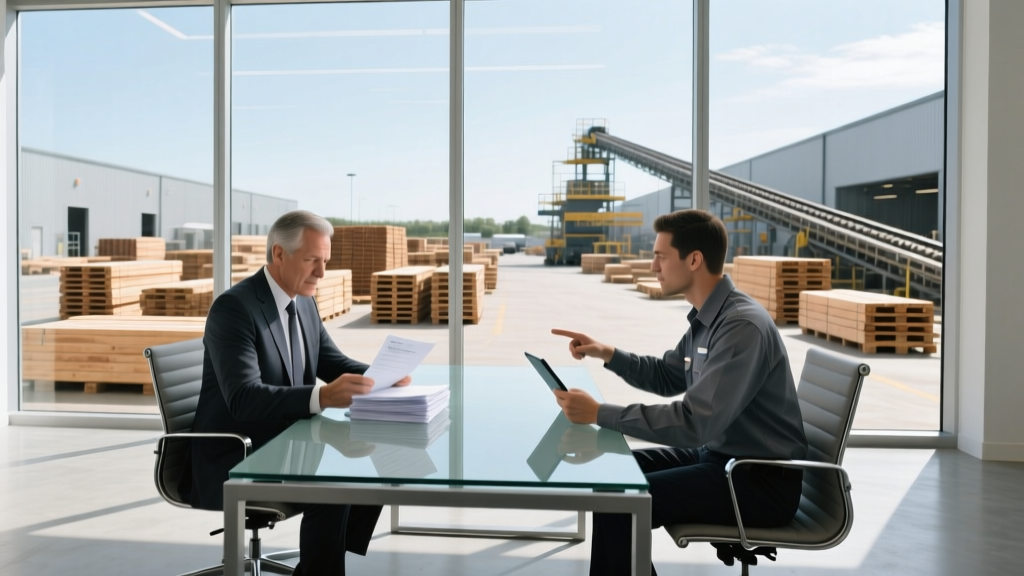 Hiring manager reviewing resumes with a building materials recruiter in a glass-walled office overlooking a commercial lumber yard
