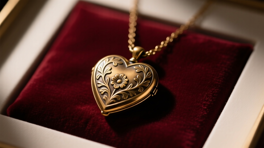 Vintage brass heart locket necklace on dark burgundy velvet, moody lighting highlighting engraved floral details and natural patina