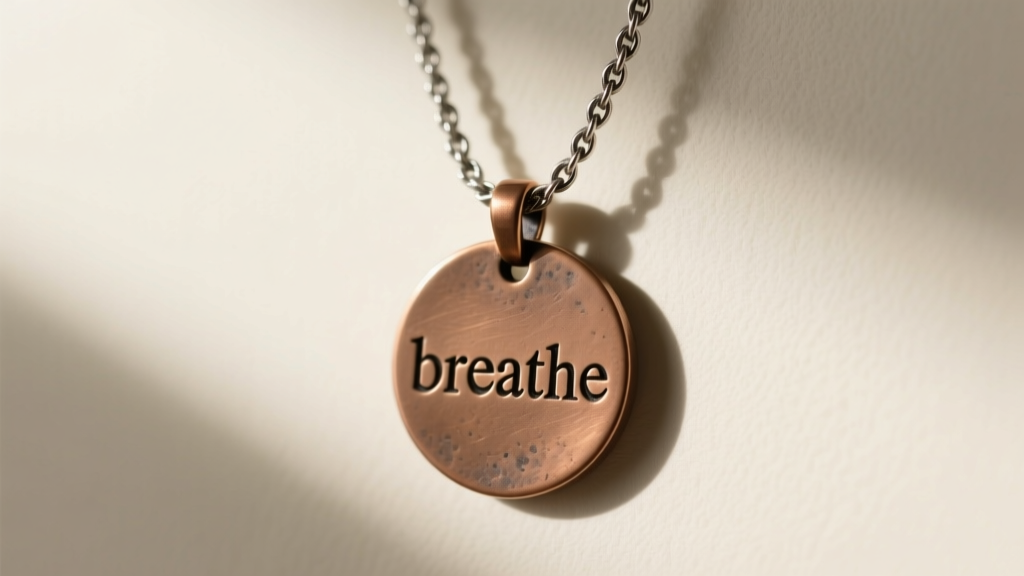 Minimalist matte-finished bronze pendant engraved with the word breathe, hanging on a delicate 20-inch oxidized silver rope chain