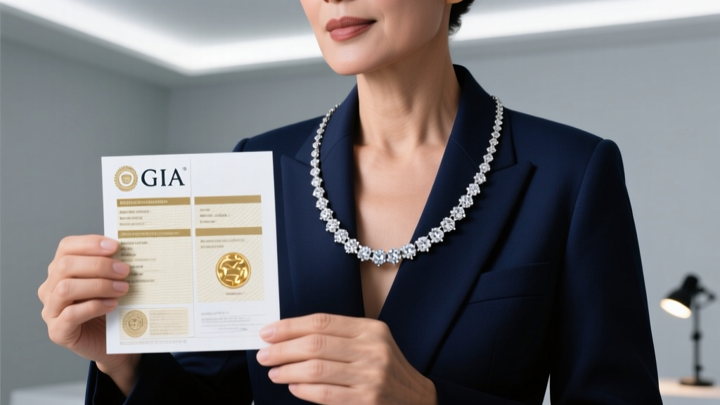 Gemologist holding a GIA diamond grading report next to an elegant platinum tennis necklace under bright daylight lamps in a studio