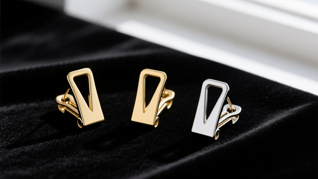 Flat lay of three French clip earring backs in gold and silver, showing the hinged wire and V-catch resting on dark velvet.