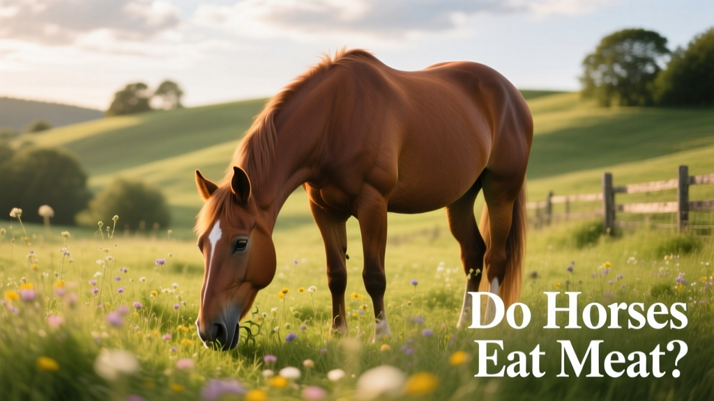 A horse grazing calmly in a lush green pasture
