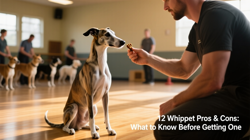 A Whippet sitting attentively beside its owner during a basic obedience class, treat in hand