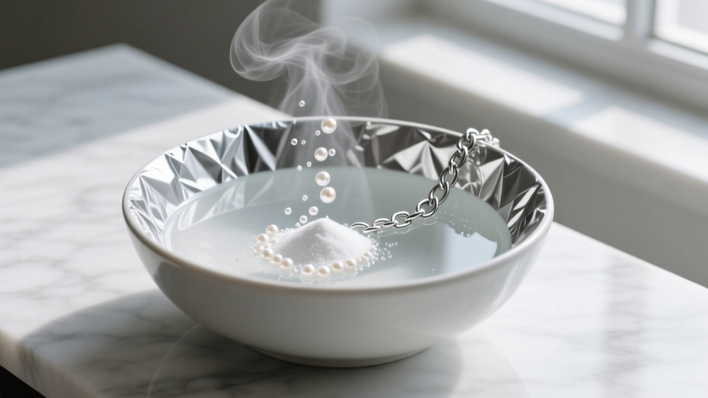 Foil-lined bowl with hot water and baking soda, showing a submerged silver chain releasing tiny chemical reaction bubbles.