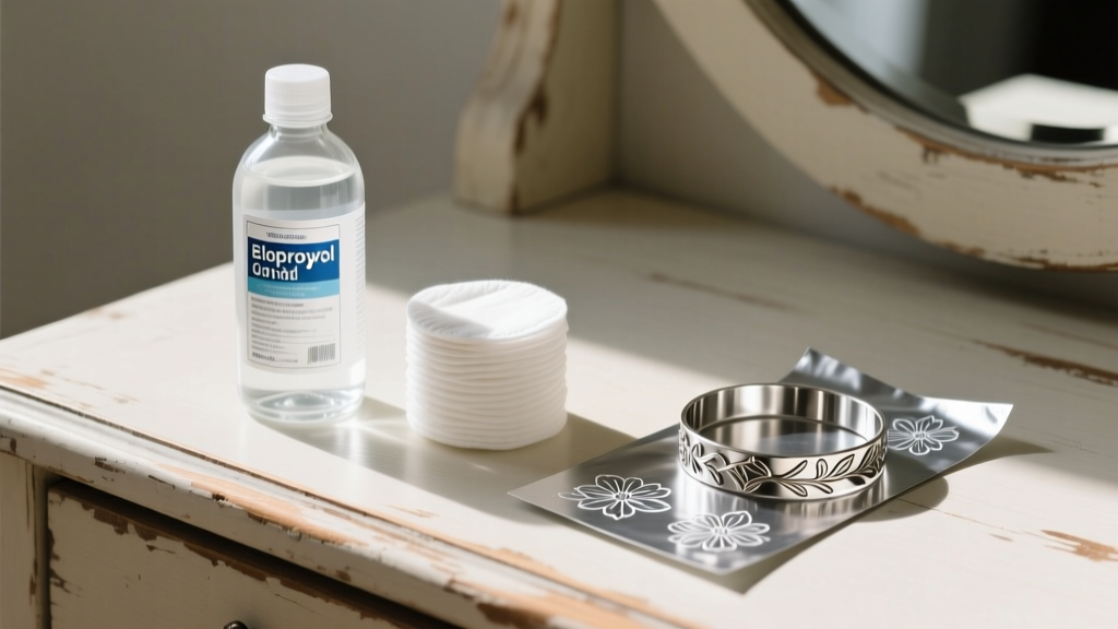Bottle of isopropyl alcohol and cotton pads on a wooden vanity next to an unapplied metallic ankle jewelry tattoo sheet.