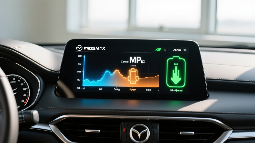 Dashboard display of the Mazda CX-50 Hybrid showing the real-time energy flow and current fuel economy readout