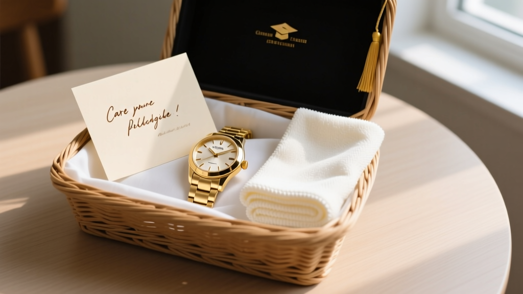 Graduation gift basket containing a gold-filled watch, a handwritten care card, and a neatly folded microfiber polishing cloth.