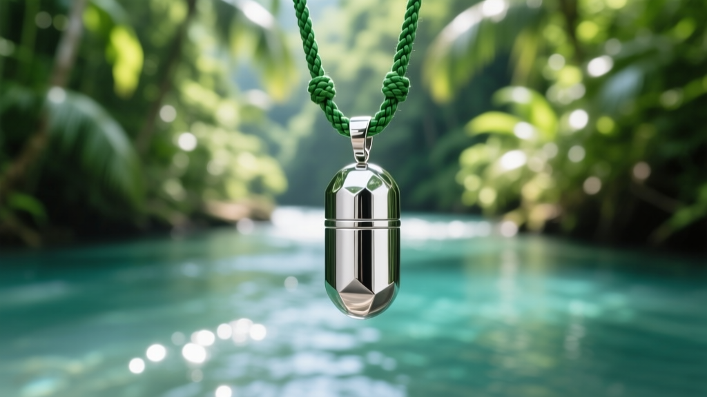 Titanium water purification capsule pendant hanging from braided green cord against a blurred background of a tropical river.